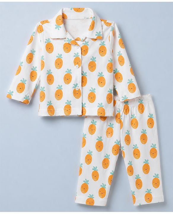 Babyhug Cotton Knit Full Sleeves Front Open Co-ord Shirt & Pajama Night Suit with Pineapple Print - White