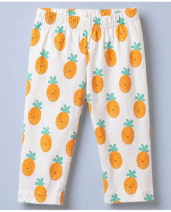 Babyhug Cotton Knit Full Sleeves Front Open Co-ord Shirt & Pajama Night Suit with Pineapple Print - White