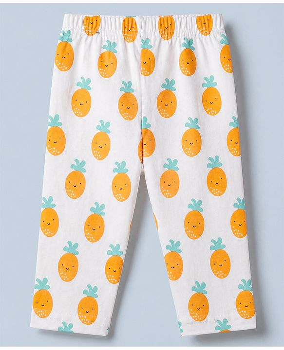 Babyhug Cotton Knit Full Sleeves Front Open Co-ord Shirt & Pajama Night Suit with Pineapple Print - White