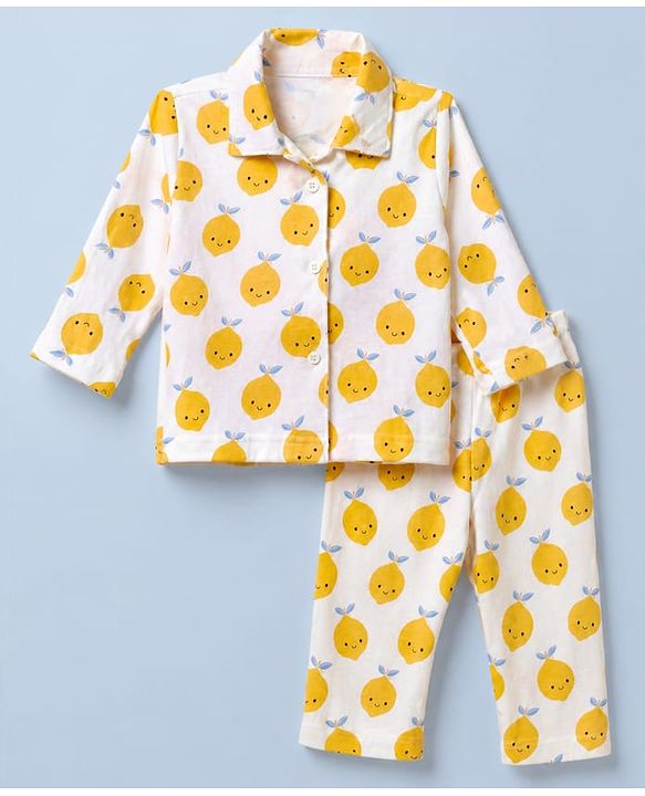 Babyhug Cotton Knit Full Sleeves Front Open Co-ord Shirt & Pyjama Night Suit with Fruits Print in White