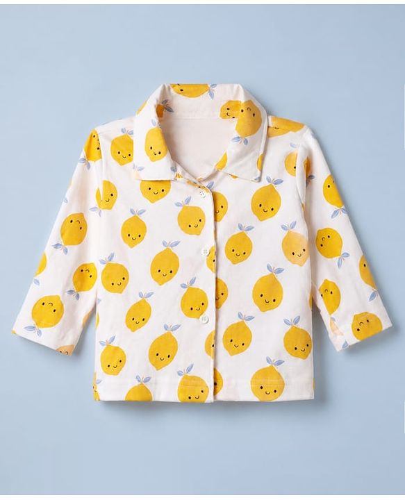Babyhug Cotton Knit Full Sleeves Front Open Co-ord Shirt & Pyjama Night Suit with Fruits Print in White