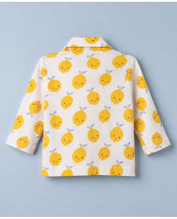 Babyhug Cotton Knit Full Sleeves Front Open Co-ord Shirt & Pyjama Night Suit with Fruits Print in White