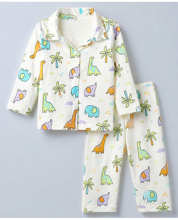 Babyhug Cotton Interlock Knit Full Sleeves Front Open Co-ord Shirt & Pajama Night Suit with Elephant Dinosaur Trees Print - White