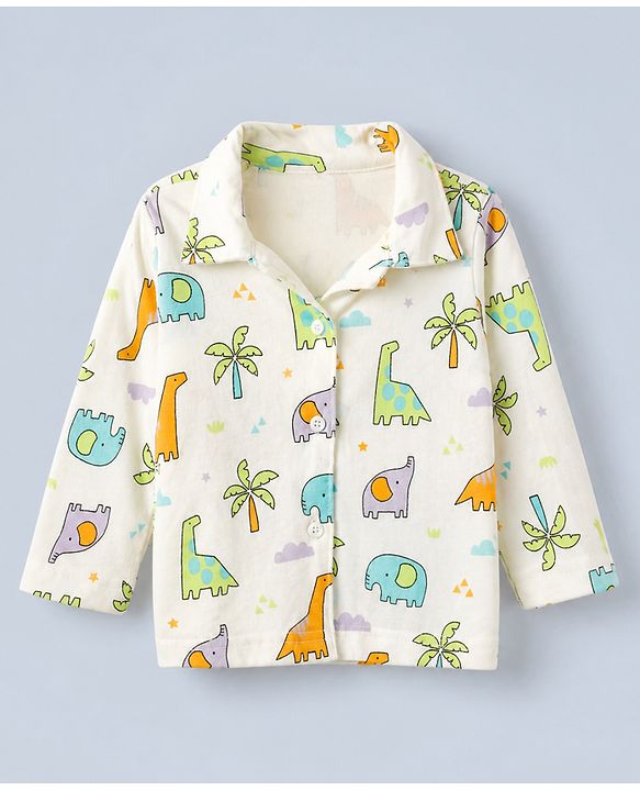 Babyhug Cotton Interlock Knit Full Sleeves Front Open Co-ord Shirt & Pajama Night Suit with Elephant Dinosaur Trees Print - White