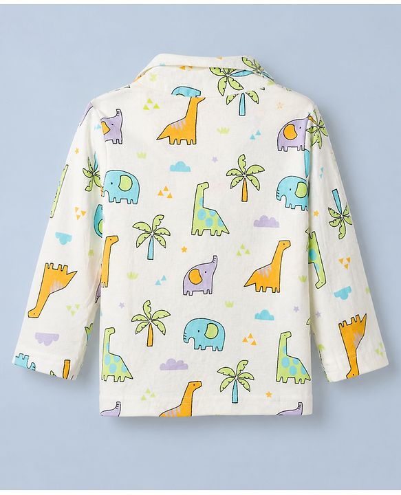 Babyhug Cotton Interlock Knit Full Sleeves Front Open Co-ord Shirt & Pajama Night Suit with Elephant Dinosaur Trees Print - White