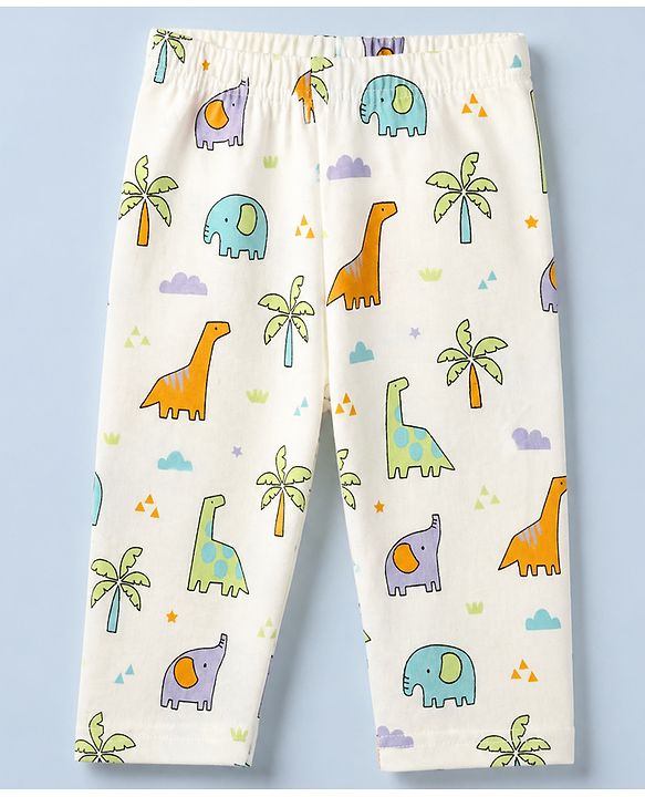Babyhug Cotton Interlock Knit Full Sleeves Front Open Co-ord Shirt & Pajama Night Suit with Elephant Dinosaur Trees Print - White