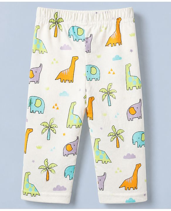 Babyhug Cotton Interlock Knit Full Sleeves Front Open Co-ord Shirt & Pajama Night Suit with Elephant Dinosaur Trees Print - White