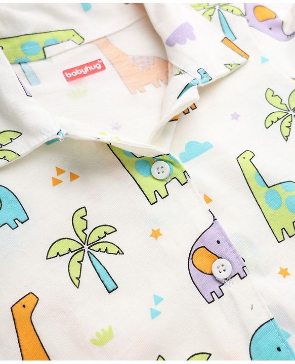 Babyhug Cotton Interlock Knit Full Sleeves Front Open Co-ord Shirt & Pajama Night Suit with Elephant Dinosaur Trees Print - White