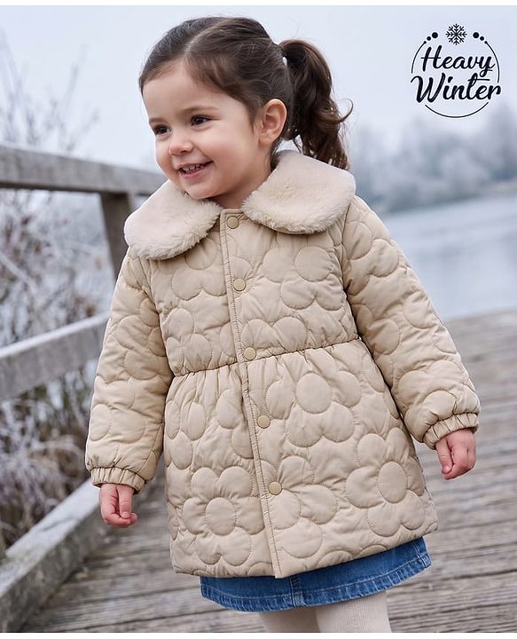 Babyhug Woven Padded Quilted Winter Jacket with Full Sleeves - Beige