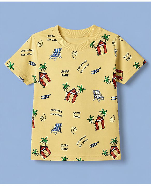 Babyhug Cotton Knit Half Sleeves T-Shirt with Beach Theme Print - Yellow