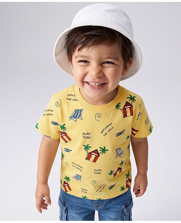 Babyhug Cotton Knit Half Sleeves T-Shirt with Beach Theme Print - Yellow