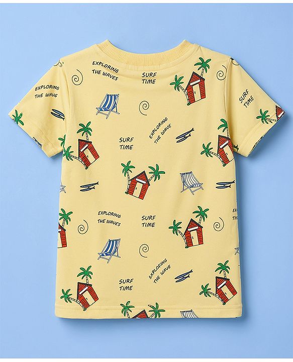 Babyhug Cotton Knit Half Sleeves T-Shirt with Beach Theme Print - Yellow