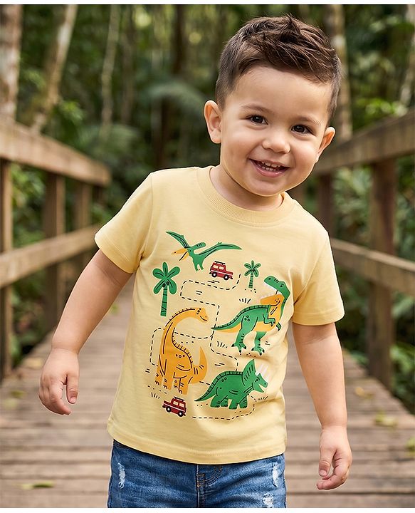 Babyhug Cotton Knit Half Sleeves T-Shirt with Dinosaur Safari Print - Yellow