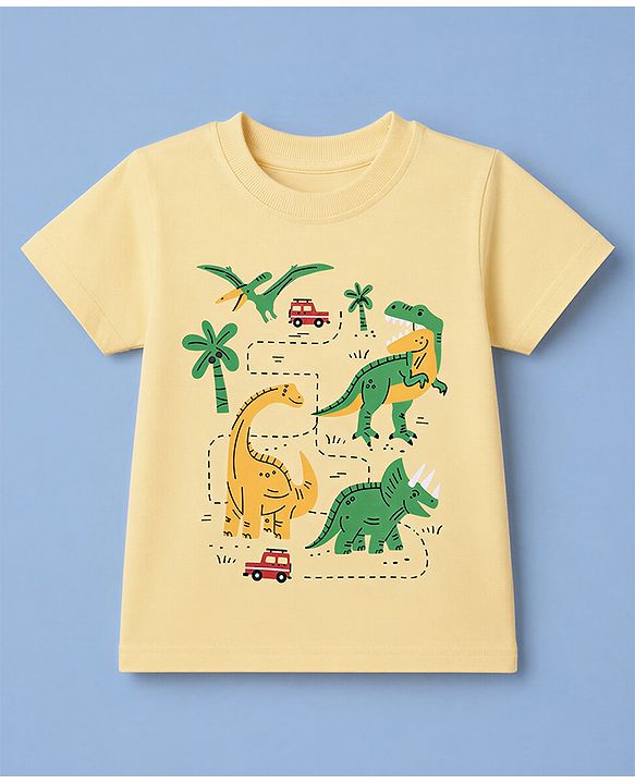 Babyhug Cotton Knit Half Sleeves T-Shirt with Dinosaur Safari Print - Yellow