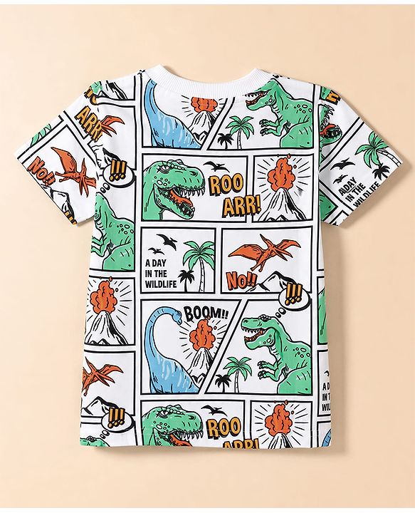Babyhug 100% Cotton Knit Half Sleeves T-Shirt with Dinosaur Comic Print - White