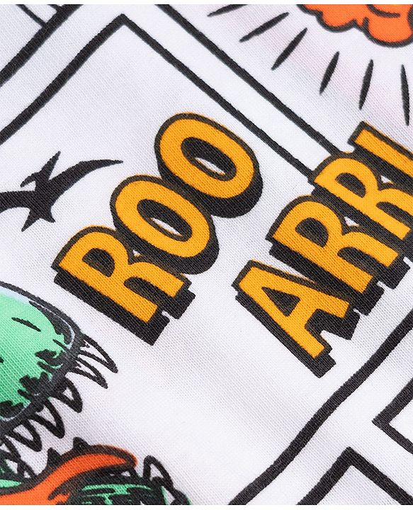 Babyhug 100% Cotton Knit Half Sleeves T-Shirt with Dinosaur Comic Print - White