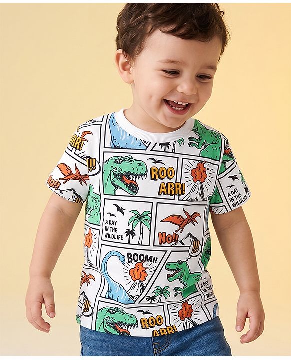 Babyhug 100% Cotton Knit Half Sleeves T-Shirt with Dinosaur Comic Print - White