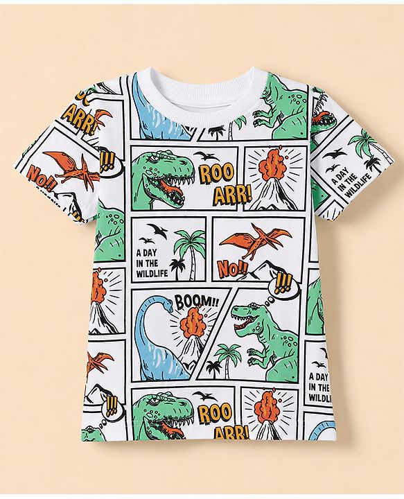 Babyhug 100% Cotton Knit Half Sleeves T-Shirt with Dinosaur Comic Print - White