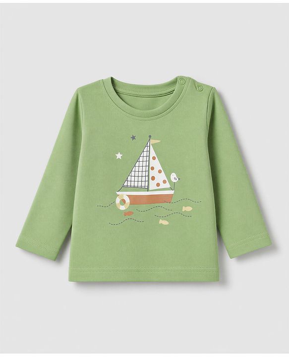 Babyhug 100% Cotton Interlock Knit Striped T-Shirts with Full Sleeves and Nautical Print Pack of 3 - Green & White