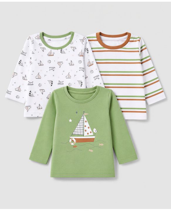 Babyhug 100% Cotton Interlock Knit Striped T-Shirts with Full Sleeves and Nautical Print Pack of 3 in White & Green