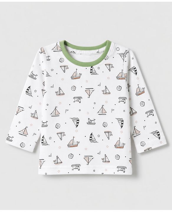 Babyhug 100% Cotton Interlock Knit Striped T-Shirts with Full Sleeves and Nautical Print Pack of 3 in White & Green