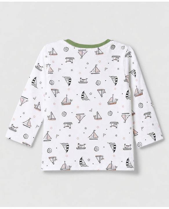 Babyhug 100% Cotton Interlock Knit Striped T-Shirts with Full Sleeves and Nautical Print Pack of 3 in White & Green
