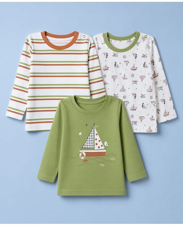 Babyhug 100% Cotton Interlock Knit Full Sleeves Striped & Boat Printed Tshirts Pack of 3 - White, Red & Green