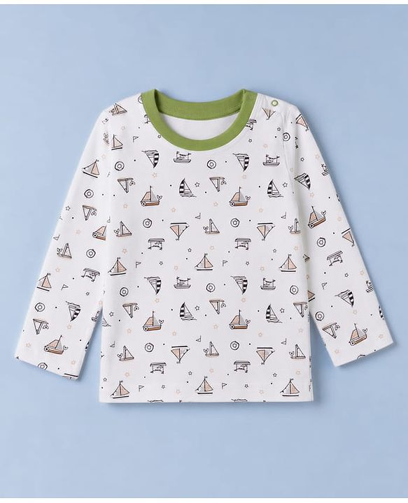 Babyhug 100% Cotton Interlock Knit Full Sleeves Striped & Boat Printed Tshirts Pack of 3 - White, Red & Green