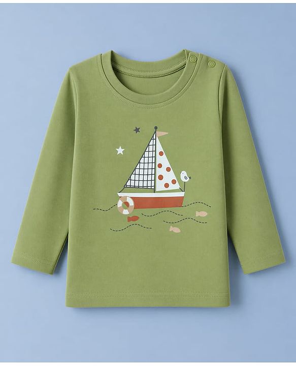 Babyhug 100% Cotton Interlock Knit Full Sleeves Striped & Boat Printed Tshirts Pack of 3 - White, Red & Green