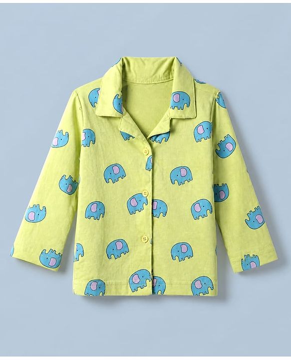 Babyhug Cotton Knit Full Sleeves Front Open Co-ord Shirt & Pyjama Night Suit with Elephant Print in Green