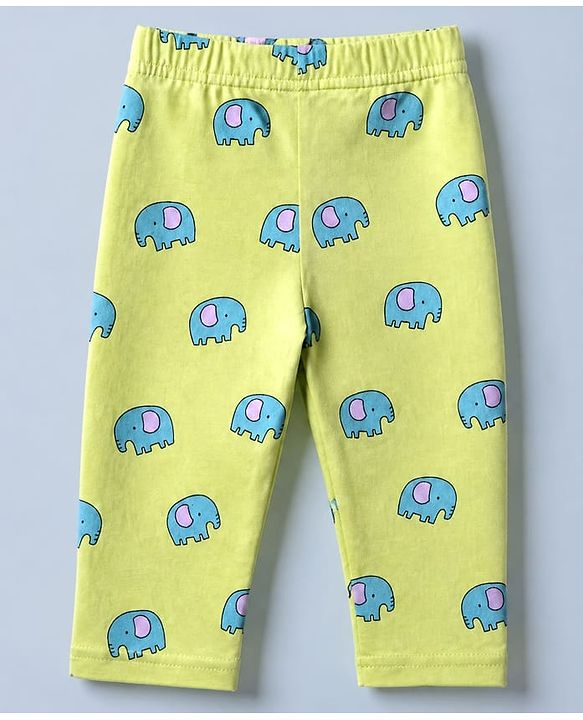 Babyhug Cotton Knit Full Sleeves Front Open Co-ord Shirt & Pyjama Night Suit with Elephant Print in Green