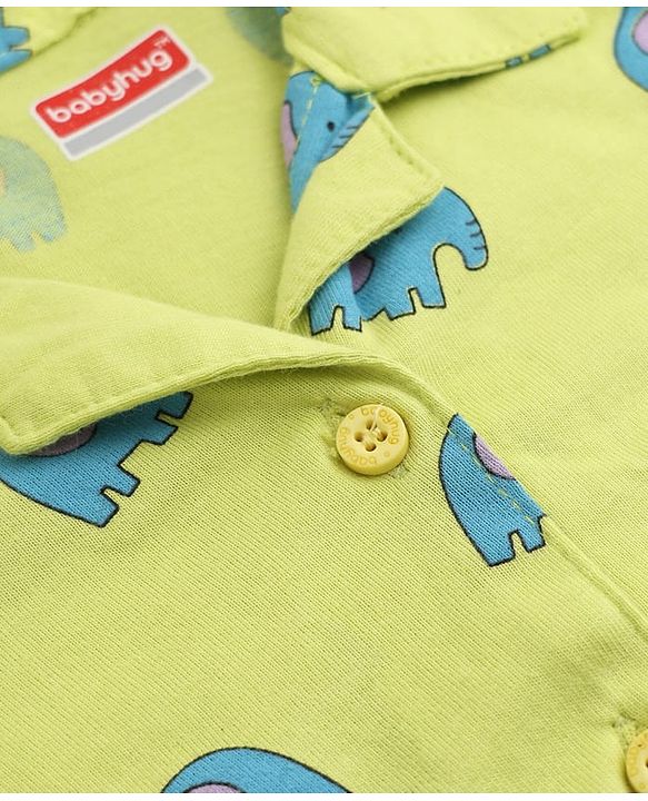 Babyhug Cotton Knit Full Sleeves Front Open Co-ord Shirt & Pyjama Night Suit with Elephant Print in Green