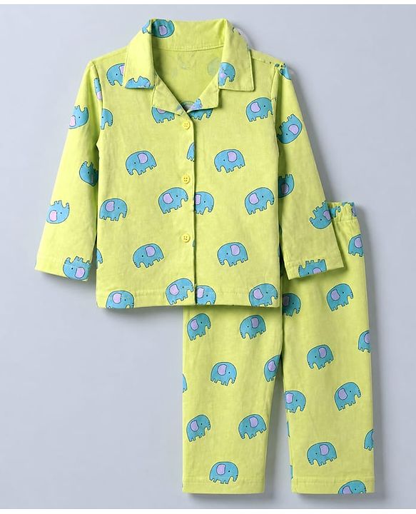 Babyhug Cotton Knit Full Sleeves Front Open Co-ord Shirt & Pyjama Night Suit with Elephant Print in Green