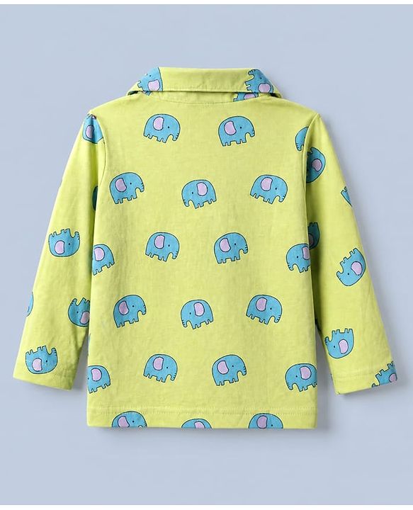 Babyhug Cotton Knit Full Sleeves Front Open Co-ord Shirt & Pyjama Night Suit with Elephant Print in Green