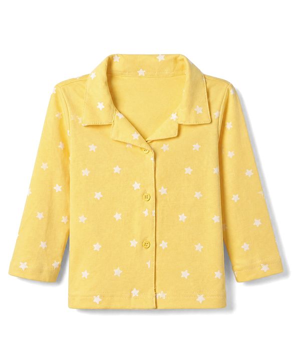 Babyhug Cotton Knit Full Sleeves Front Open Shirt & Pyjama Night Suit with Star Print in Yellow