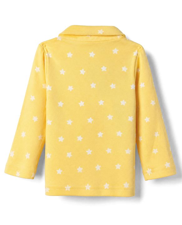Babyhug Cotton Knit Full Sleeves Front Open Shirt & Pyjama Night Suit with Star Print in Yellow