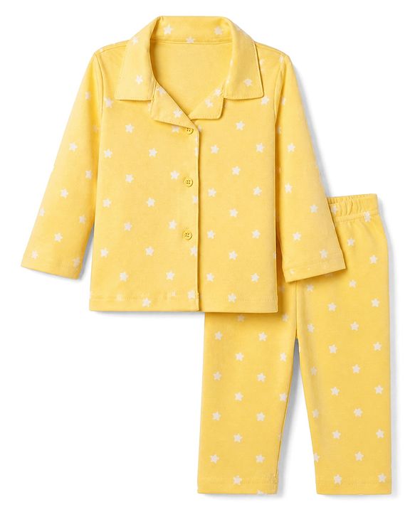 Babyhug Cotton Knit Full Sleeves Front Open Shirt & Pyjama Night Suit with Star Print in Yellow