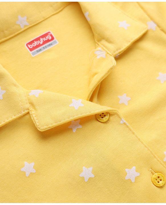 Babyhug Cotton Knit Full Sleeves Front Open Shirt & Pyjama Night Suit with Star Print in Yellow