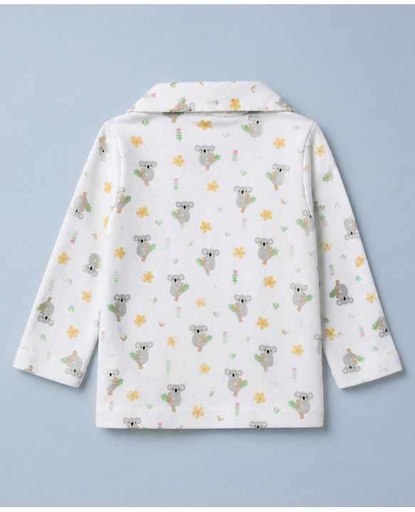 Babyhug Cotton Interlock Knit Full Sleeves Front Open Co-ord Shirt & Pajama Night Suit with Floral Koala Print - White