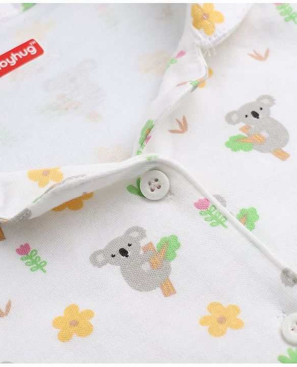 Babyhug Cotton Interlock Knit Full Sleeves Front Open Co-ord Shirt & Pajama Night Suit with Floral Koala Print - White