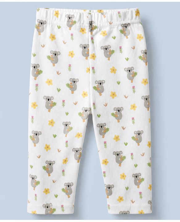 Babyhug Cotton Interlock Knit Full Sleeves Front Open Co-ord Shirt & Pajama Night Suit with Floral Koala Print - White