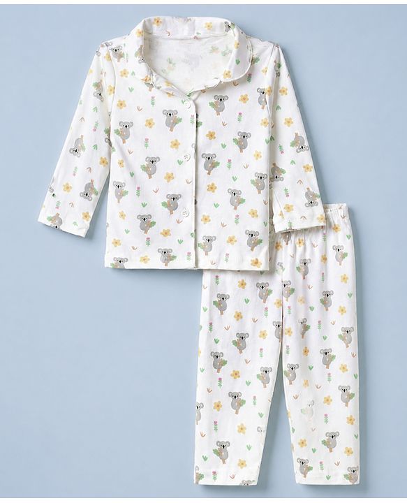 Babyhug Cotton Interlock Knit Full Sleeves Front Open Co-ord Shirt & Pajama Night Suit with Floral Koala Print - White