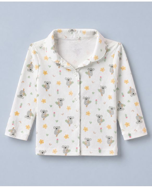 Babyhug Cotton Interlock Knit Full Sleeves Front Open Co-ord Shirt & Pajama Night Suit with Floral Koala Print - White