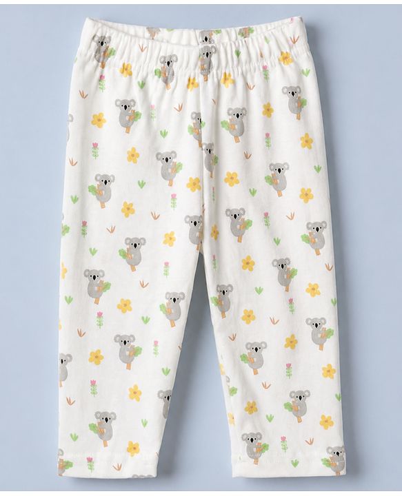 Babyhug Cotton Interlock Knit Full Sleeves Front Open Co-ord Shirt & Pajama Night Suit with Floral Koala Print - White