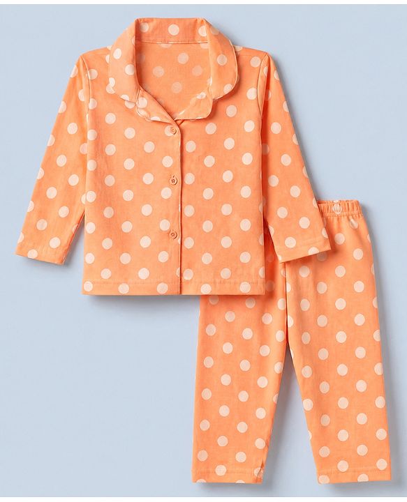 Babyhug Cotton Knit Full Sleeves Front Open Shirt & Pyjama Night Suit with Polka Dots in Orange