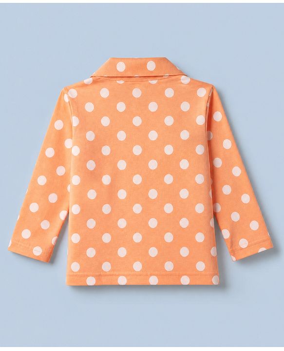 Babyhug Cotton Knit Full Sleeves Front Open Shirt & Pyjama Night Suit with Polka Dots in Orange