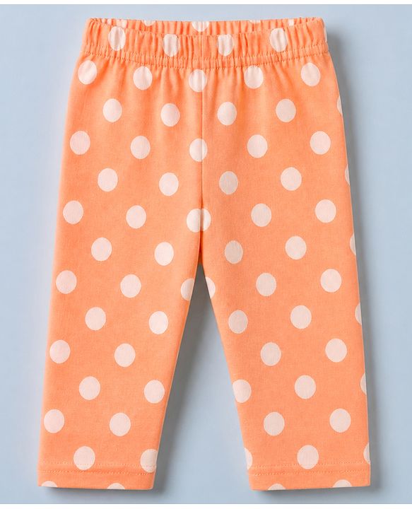Babyhug Cotton Knit Full Sleeves Front Open Shirt & Pyjama Night Suit with Polka Dots in Orange