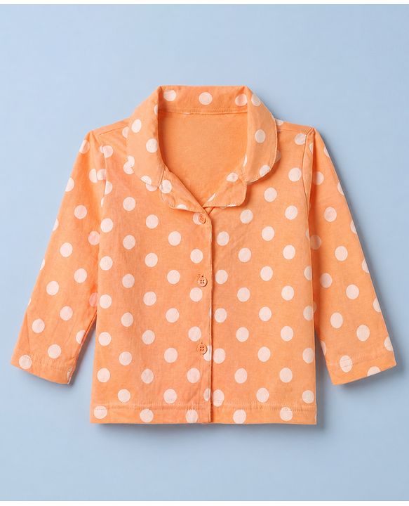 Babyhug Cotton Knit Full Sleeves Front Open Shirt & Pyjama Night Suit with Polka Dots in Orange