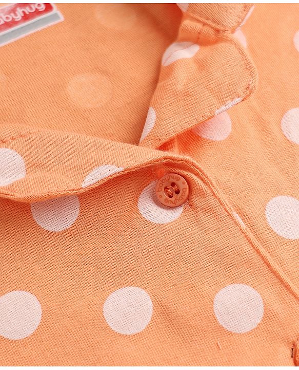 Babyhug Cotton Knit Full Sleeves Front Open Shirt & Pyjama Night Suit with Polka Dots in Orange