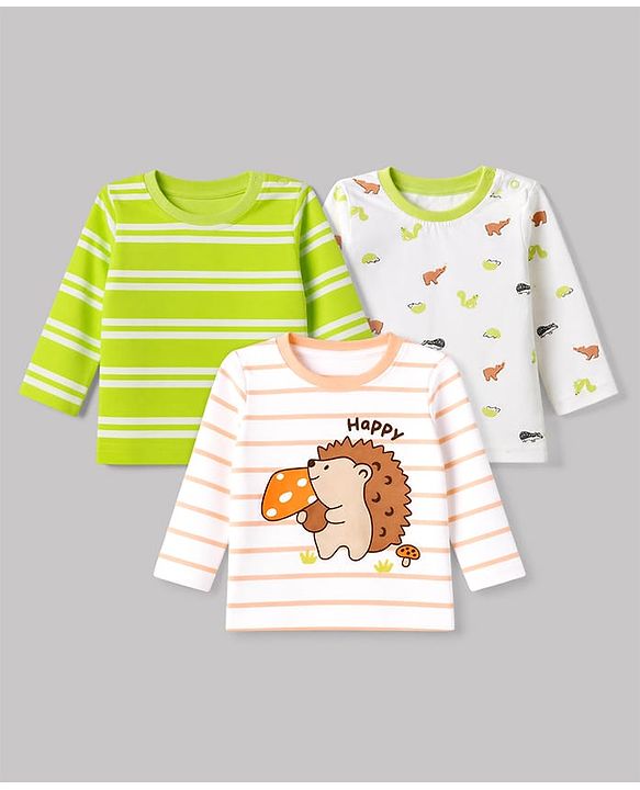 Babyhug 100% Cotton Interlock Knit Full Sleeves Striped T-Shirts with Hedgehog Animal Print Pack of 3 - White Limegreen